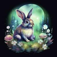 AI generated Watercolor Rabbit and Glowing Moon for T-shirt Design. AI Generated photo