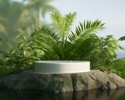 AI generated Stone product display podium for cosmetic product with green nature garden background. Generative AI photo
