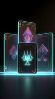 AI generated Some playing cards with glowing neon designs on a tablet. Generative AI photo