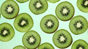 AI generated Slices of kiwi fruit and green mint leaves on a light pastel blue background. AI Generated photo