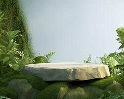 AI generated Stone product display podium for cosmetic product with green nature garden background. Generative AI photo