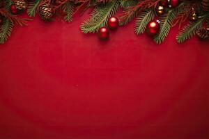 AI generated Christmas or New Year red background with fir decor. AI Generated photo