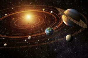 AI generated Our 3d Solar system with planets in orbits path. AI Generative photo