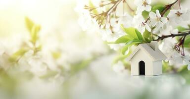 AI generated Toy house and cherry flowers, spring abstract natural background. Generative AI photo