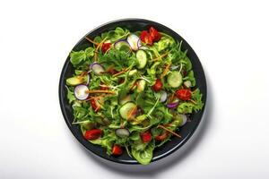 AI generated Healthy fresh green salad plate shot from above on white background. AI Generated photo