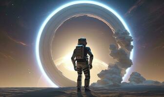 AI generated Astronaut in front of dimensional portal.  AI Generated. photo