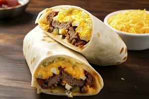 AI generated Breakfast burrito with sausage, eggs, hashbrown and cheese. AI Generated photo