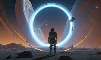 AI generated Astronaut in front of dimensional portal.  AI Generated. photo