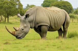 AI generated White Rhino grazing. AI Generated photo