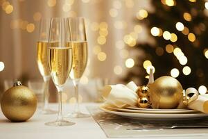 AI generated Christmas table setting with holiday decorations in gold color. AI Generated photo