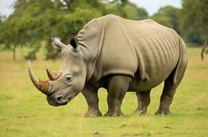 AI generated White Rhino grazing. AI Generated photo