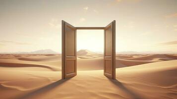 AI generated The opened door on the desert. Unknown and start up concept. AI Generated. photo