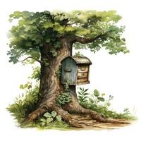 AI generated Watercolor mailbox in a tree on a white background. AI Generated photo