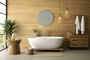 AI generated Interior of stylish bathroom with wooden cabinet, sink, bathtub, and mirror. AI Generated photo