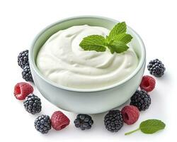 AI generated Green bowl of greek yogurt and fresh berries isolated on white background. AI Generated photo