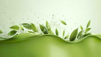 AI generated Green herbal tea wave splash with leaves flow. AI Generated photo