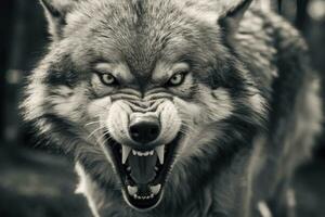 AI generated Greyscale closeup shot of an angry wolf with a blurred background. AI Generated photo