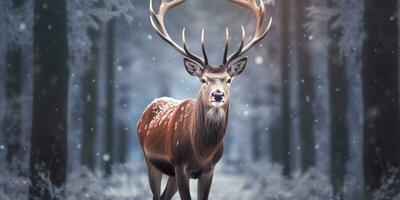 AI generated Noble deer male in the winter snow forest. Artistic winter Christmas landscape. AI Generated photo