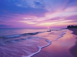 ai generado verano playa con azul agua y púrpura cielo a el puesta de sol. ai generado. foto