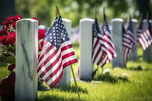 AI generated Military Headstones and Gravestones Decorated With Flags for Memorial Day.  AI Generated photo