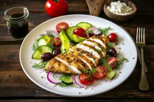 AI generated Seared chicken breast and Greek salad on a wooden table. Generative AI photo
