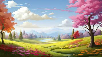 AI generated Spring season with colorful flowers and trees in a pretty meadow or field. AI Generated. photo