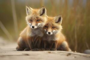 AI generated Wild baby red foxes cuddling at the beach. Generative AI photo