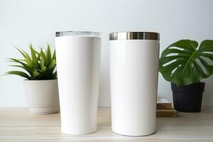 AI generated White stainless steel sublimation blank tumblers with straw, product shot. Generative AI photo
