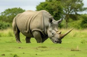 AI generated White Rhino grazing. AI Generated photo