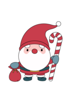 Cute Gnome Santa Claus in Christmas costume hold candy cane and gift bag png