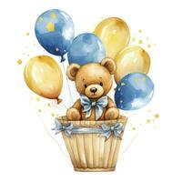 AI generated A watercolor baby teddy bear is sitting in the basket with blue and gold balloons. AI Generated photo