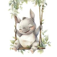 AI generated Cute happy baby rhino on swings in the tree in watercolor style. AI Generated photo