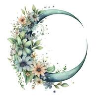 AI generated Watercolor floral Moon with greenery on a white background. AI Generated photo