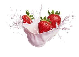 AI generated milk or yogurt splash with strawberries isolated on white background, 3d rendering. AI Generated photo
