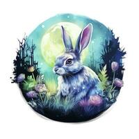 AI generated Watercolor Rabbit and Glowing Moon for T-shirt Design. AI Generated photo