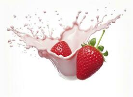 AI generated milk or yogurt splash with strawberries isolated on white background, 3d rendering. AI Generated photo