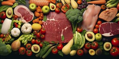AI generated Different types of meats, vegetables, and fruits lay in supermarkets. Generative AI photo