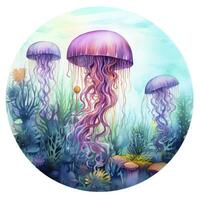 AI generated Jellyfish in an underwater landscape in a circle. AI Generated photo