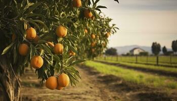 AI generated An orange tree is in the foreground with a farm field background. Generative AI photo