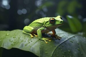 AI generated Tree Frog sitting on plant. AI Generated photo