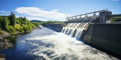 ai generado hidroeléctrico represa generando verde energía desde fluido agua. ai generado. foto