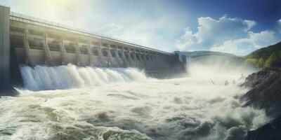 ai generado hidroeléctrico represa generando verde energía desde fluido agua. ai generado. foto