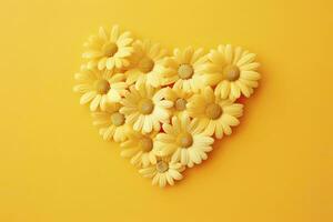 AI generated Yellow Heart Shaped By Yellow Daisies Over Yellow Background. AI Generated photo