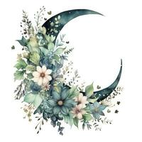 AI generated Watercolor floral Moon with greenery on a white background. AI Generated photo