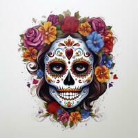 AI generated Woman sugar skull with beautiful colored flowers on white background. AI Generated photo