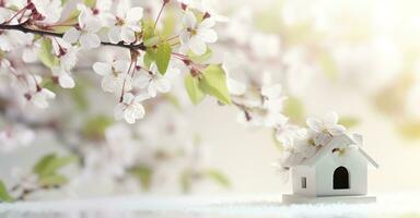 AI generated Toy house and cherry flowers, spring abstract natural background. Generative AI photo