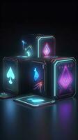 AI generated Some playing cards with glowing neon designs on a tablet. Generative AI photo