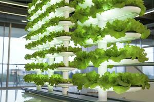 AI generated Vertical Hydroponic Plant System With Cultivated Lettuces. AI Generated photo
