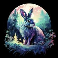 AI generated Watercolor Rabbit and Glowing Moon for T-shirt Design. AI Generated photo