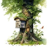 AI generated Watercolor mailbox in a tree on a white background. AI Generated photo